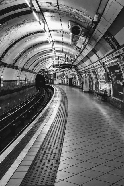 A black and white photograph of the Swiss Cottage tube station platform, showcasing a curved underground corridor with tiled floors and tiled walls. The platform surface is clean and well-maintained with tactile paving at the edge for safety. Overhead lighting illuminates the arched ceiling, and train tracks run along the left side of the platform. Visible on the right side are advertising posters and station signage, with industrial ventilation pipes and structural elements overhead. The scene appears to be freshly cleaned, emphasizing hygiene and surface maintenance, characteristic of professional cleaning services by Swiss Cottage Cleaner for ensuring sanitary and visually appealing station environments.